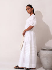 PINTUCK DETAILED PUFF SLEEVE WHITE MAXI DRESS
