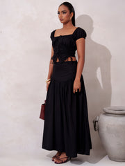 FRONT RUCHED DETAILED PUFF SLEEVED BUTTON DOWN CROP TOP