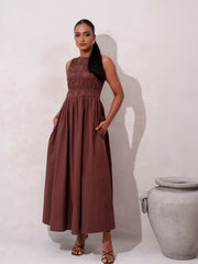 SMOCKED BODICE SLEEVELESS MAXI DRESS