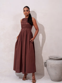 SMOCKED BODICE SLEEVELESS MAXI DRESS