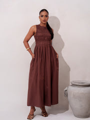 SMOCKED BODICE SLEEVELESS MAXI DRESS