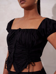 FRONT RUCHED DETAILED PUFF SLEEVED BUTTON DOWN CROP TOP