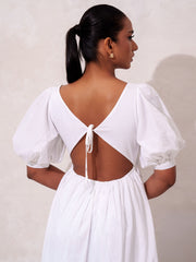PINTUCK DETAILED PUFF SLEEVE WHITE MAXI DRESS