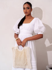 PINTUCK DETAILED PUFF SLEEVE WHITE MAXI DRESS