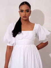 PINTUCK DETAILED PUFF SLEEVE WHITE MAXI DRESS