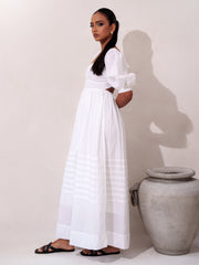PINTUCK DETAILED PUFF SLEEVE WHITE MAXI DRESS