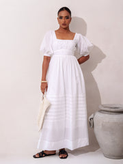 PINTUCK DETAILED PUFF SLEEVE WHITE MAXI DRESS