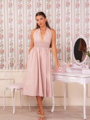 SMOCKING DETAILED HALTER NECK MIDI DRESS