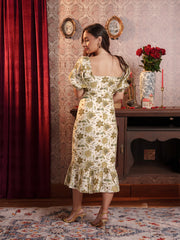 BUSTIER DETAILED PUFF SLEEVED MIDI DRESS