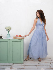 STRIPE PRINTED HALTER NECK MAXI DRESS