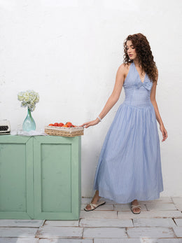 STRIPE PRINTED HALTER NECK MAXI DRESS