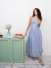 STRIPE PRINTED HALTER NECK MAXI DRESS