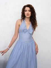 STRIPE PRINTED HALTER NECK MAXI DRESS