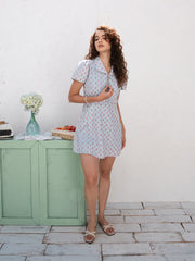 COLLAR DETAILED FRONT TIE-UP PRINTED MINI DRESS
