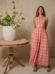 HALTER NECK DETAILED BACK SMOCKED MAXI DRESS