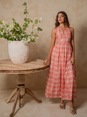 HALTER NECK DETAILED BACK SMOCKED MAXI DRESS