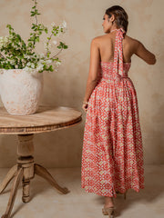 HALTER NECK DETAILED BACK SMOCKED MAXI DRESS