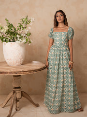 PUFF SLEEVED BACK TIE-UP PRINTED MAXI DRESS