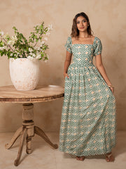 PUFF SLEEVED BACK TIE-UP PRINTED MAXI DRESS