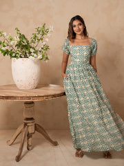 PUFF SLEEVED BACK TIE-UP PRINTED MAXI DRESS