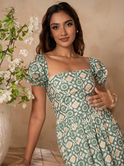 PUFF SLEEVED BACK TIE-UP PRINTED MAXI DRESS