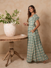 PUFF SLEEVED BACK TIE-UP PRINTED MAXI DRESS