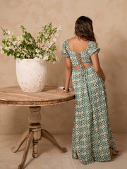 PUFF SLEEVED BACK TIE-UP PRINTED MAXI DRESS