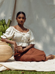 PUFF SLEEVED FRILL DETAILED CROP TOP - OFF WHITE