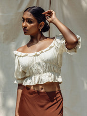PUFF SLEEVED FRILL DETAILED CROP TOP - OFF WHITE