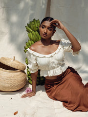 PUFF SLEEVED FRILL DETAILED CROP TOP - OFF WHITE