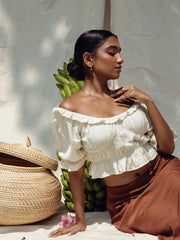 PUFF SLEEVED FRILL DETAILED CROP TOP - OFF WHITE