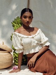 PUFF SLEEVED FRILL DETAILED CROP TOP - OFF WHITE