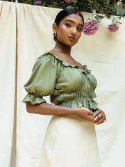 PUFF SLEEVED FRILL DETAIL CROP TOP - GREEN