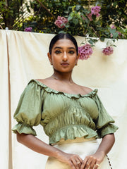 PUFF SLEEVED FRILL DETAIL CROP TOP - GREEN