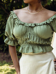 PUFF SLEEVED FRILL DETAIL CROP TOP - GREEN