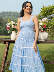 LACE DETAILED BACK TIE UP MIDI DRESS - BLUE