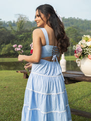 LACE DETAILED BACK TIE UP MIDI DRESS - BLUE