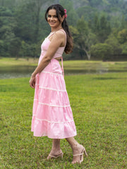 LACE DETAILED BACK TIE UP MIDI DRESS - PINK