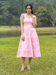 LACE DETAILED BACK TIE UP MIDI DRESS - PINK