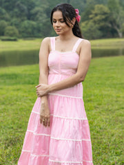 LACE DETAILED BACK TIE UP MIDI DRESS - PINK