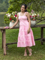 LACE DETAILED BACK TIE UP MIDI DRESS - PINK