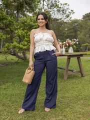 BACK POCKET DETAILED STRIPED PRINTED WIDE LEG PANT