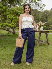 BACK POCKET DETAILED STRIPED PRINTED WIDE LEG PANT