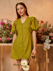 PUFF SLEEVED BUTTON DOWN MINI DRESS