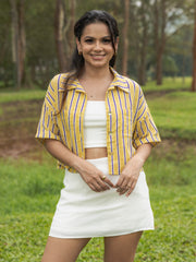 DOUBLE POCKET DETAILED YELLOW STRIPED CROP SHIRT