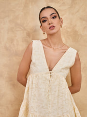 V NECK TIERED MINI DRESS - BEIGE