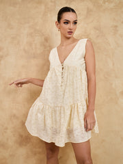 V NECK TIERED MINI DRESS - BEIGE