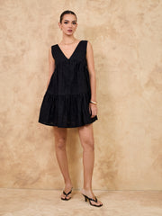 V NECK TIERED MINI DRESS - BLACK