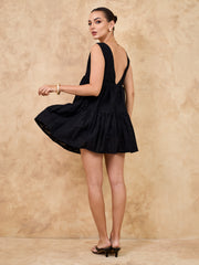 V NECK TIERED MINI DRESS - BLACK