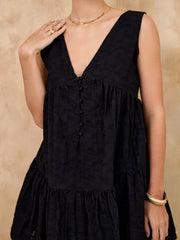 V NECK TIERED MINI DRESS - BLACK